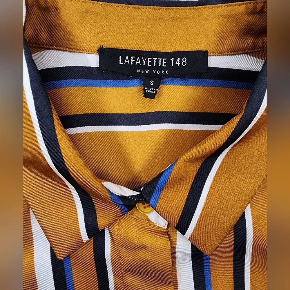 Lafayette 148 New York Womens  Adela Silk Blouse, Gold/White/Blue - Picture 5 of 10